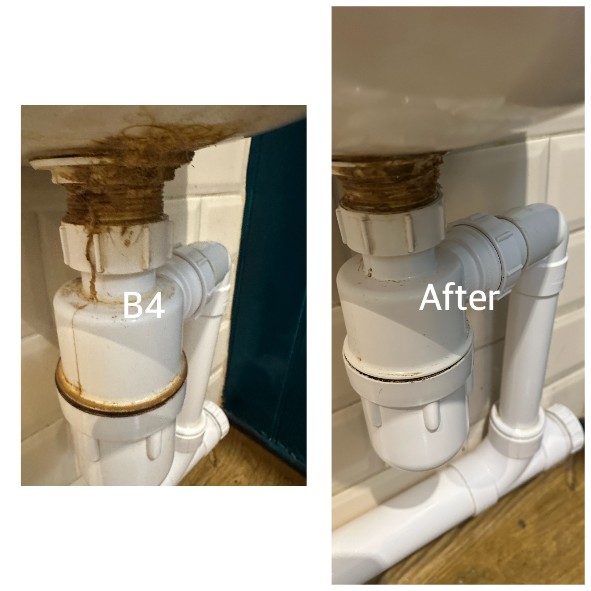 Before and after deep cleaning of bathroom pipework and plumbing fixtures