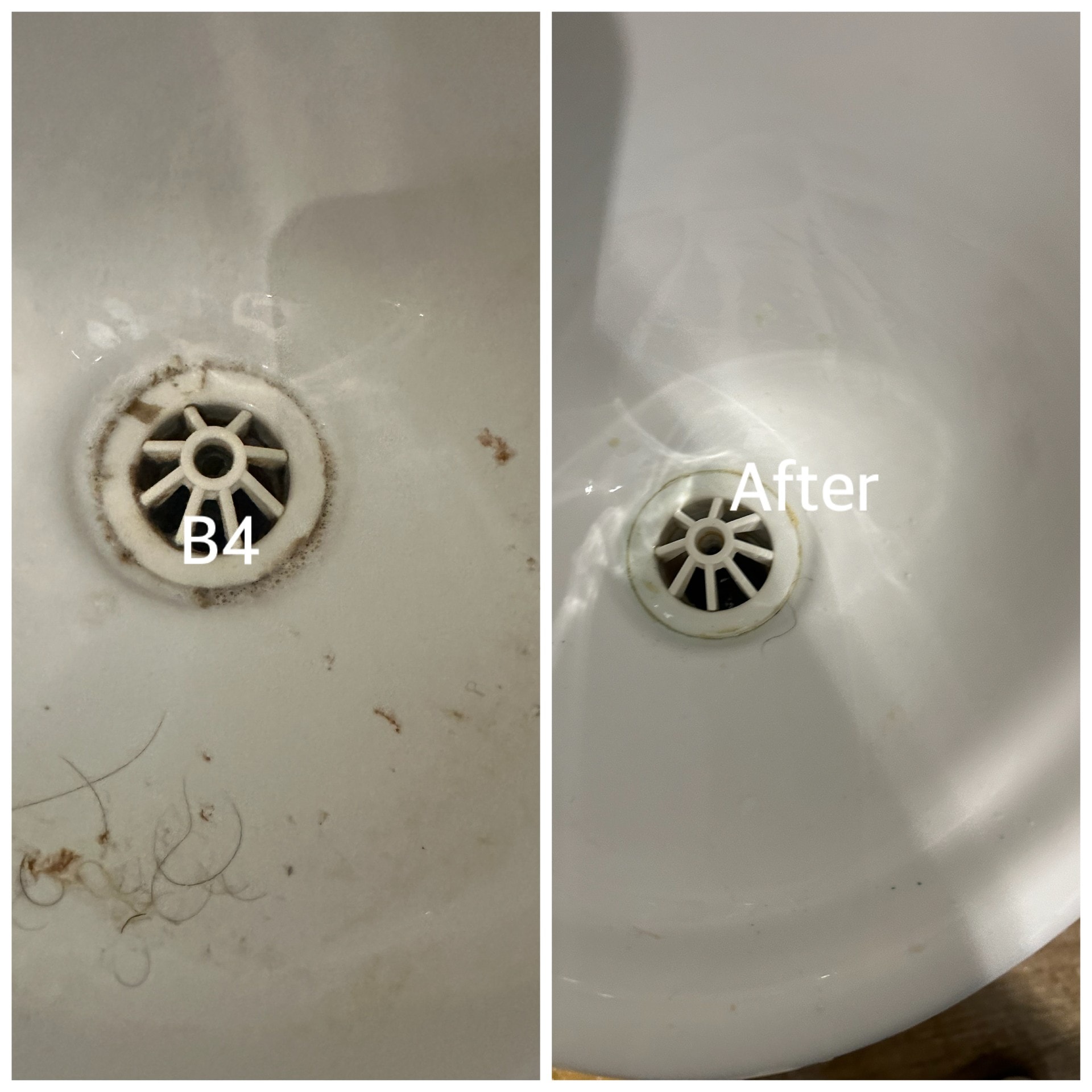 Before and after deep cleaning of a bathroom sink