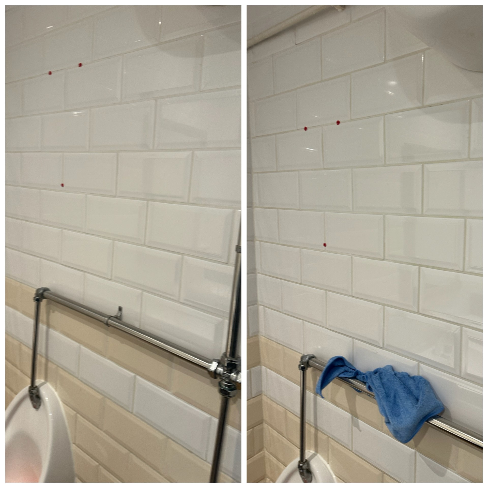 Before and after deep cleaning of bathroom wall tiles and grout