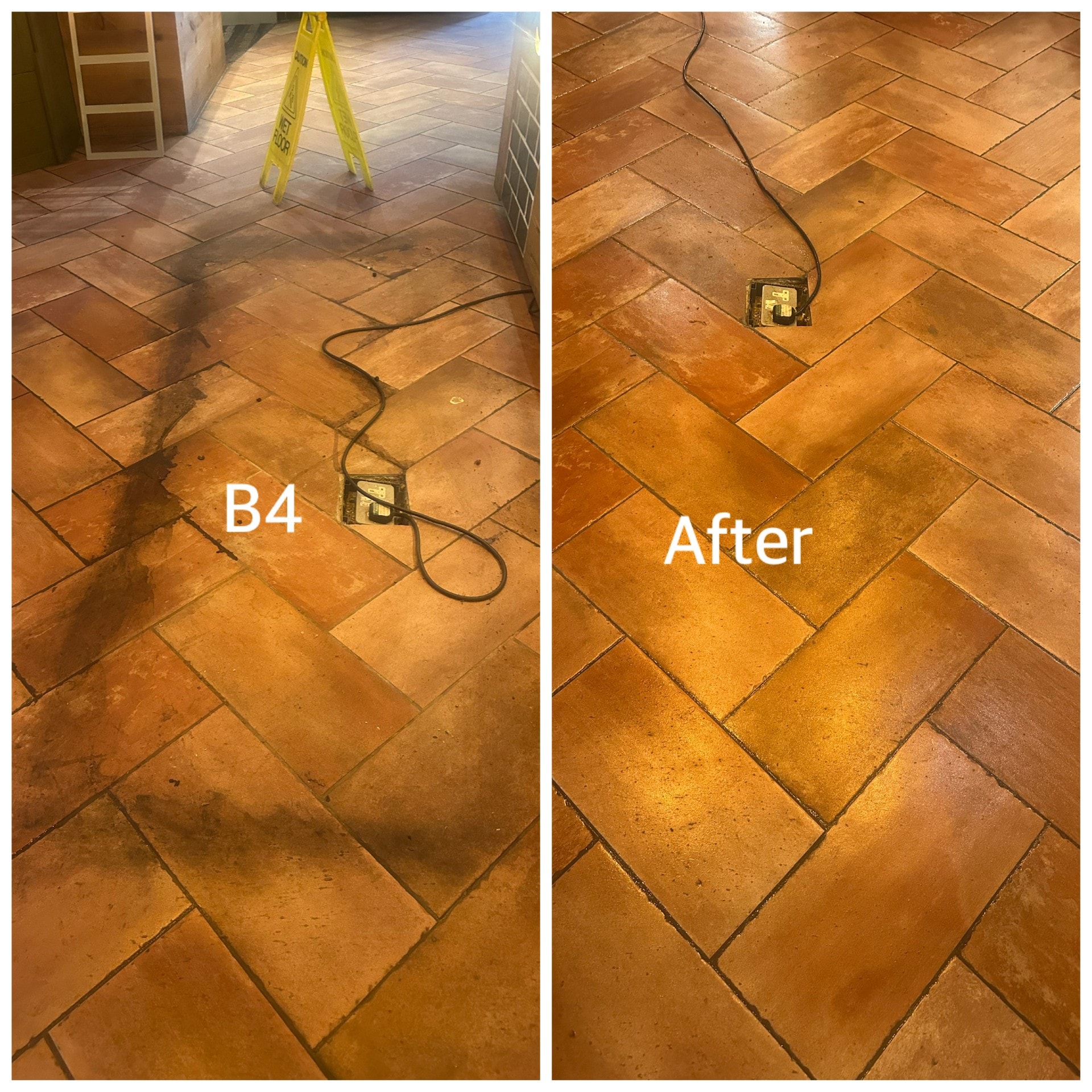 Before and after floor buffing of terracotta herringbone tile floor