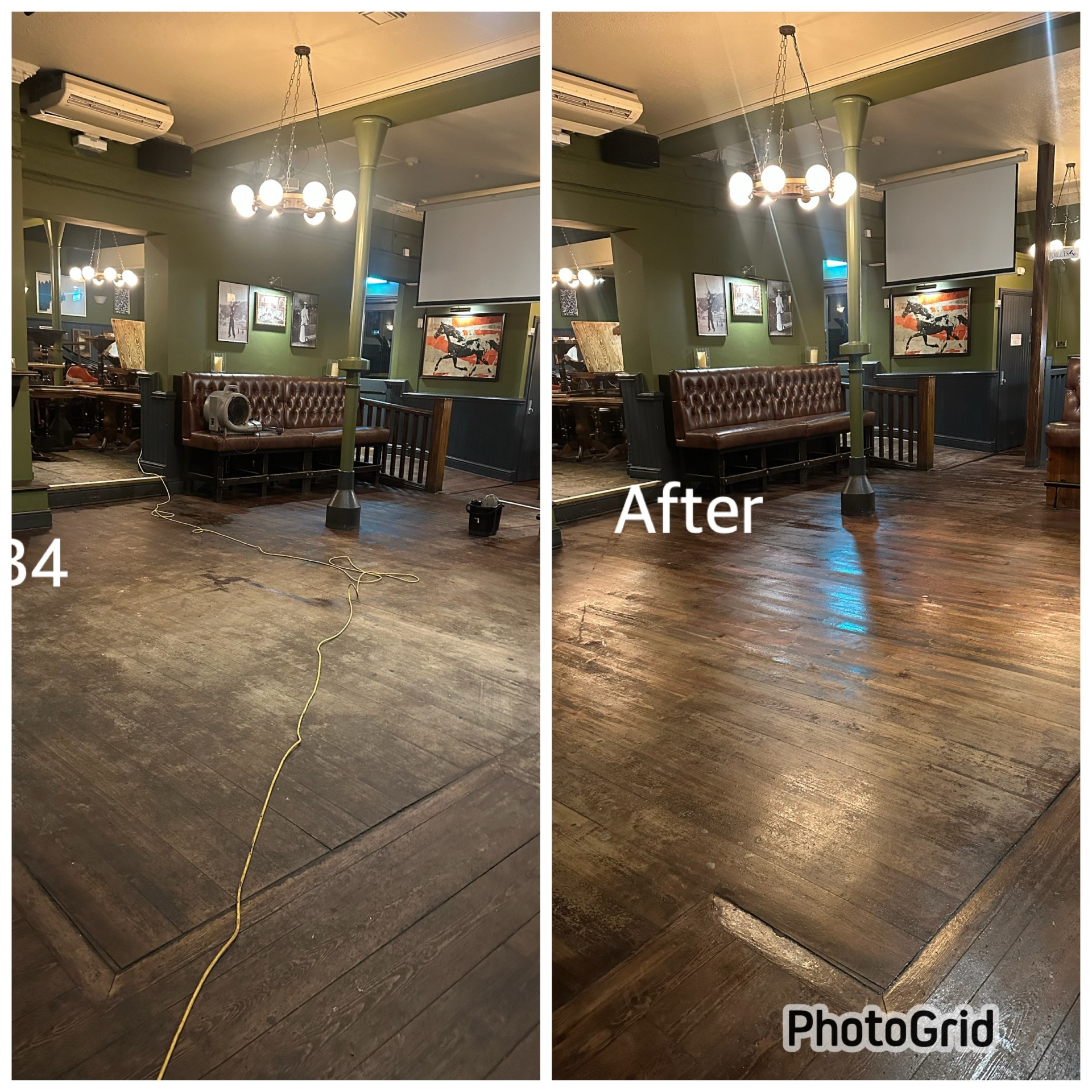 Before and after strip and seal on a bar area wooden floor