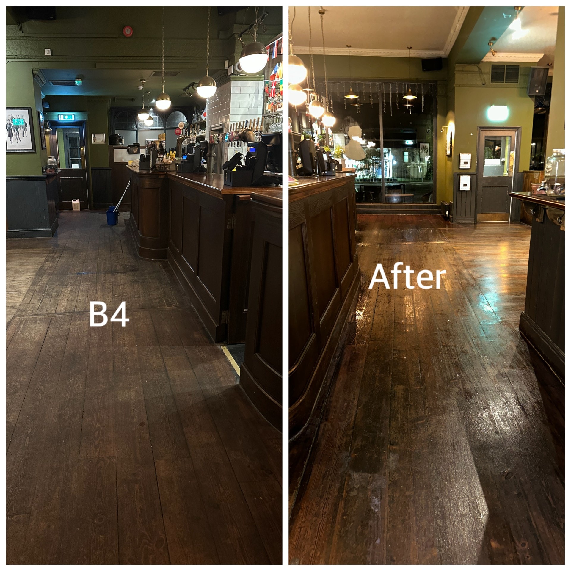 Before and after strip and seal on a commercial pub main floor