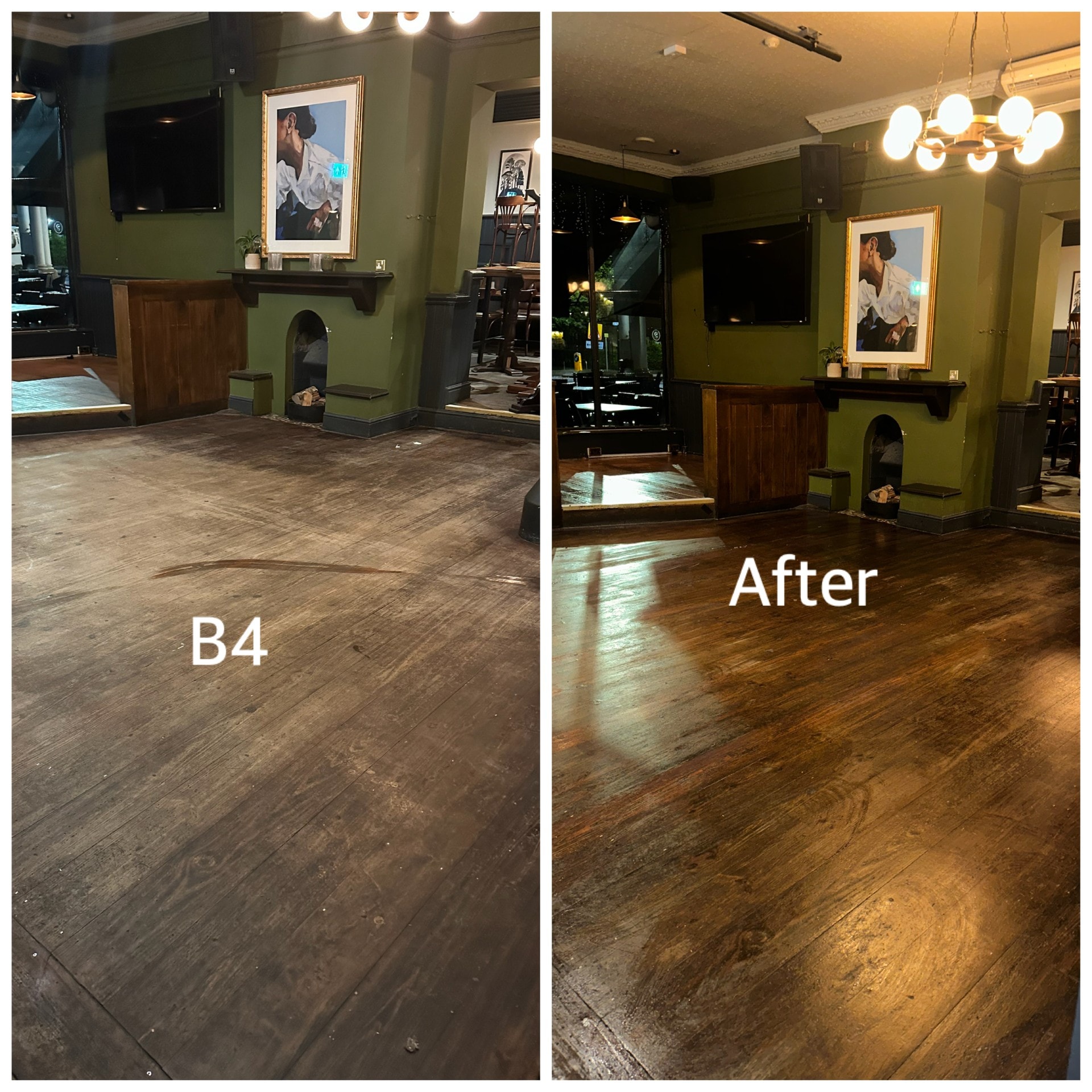Before and after strip and seal on a pub floor near fireplace area