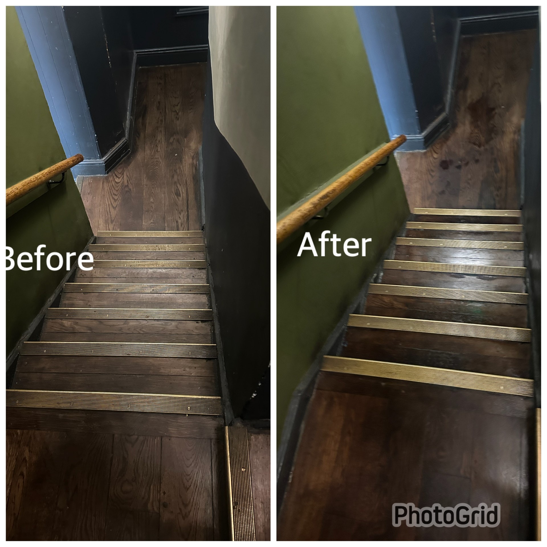 Before and after strip and seal on a wooden pub staircase